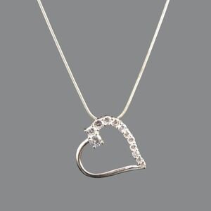 STERLING SILVER Omega Chain Necklace LARGE CLEAR CZ HEART PENDANT Sideways 30"